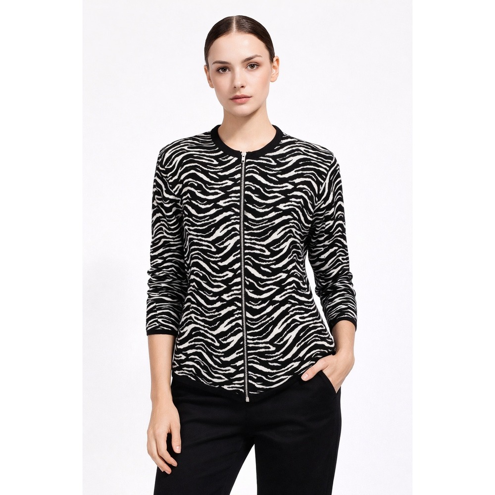 Zebra Print Zip Cardigan Black White Knit Jacket Made in Canada Y2K 90s size XXL